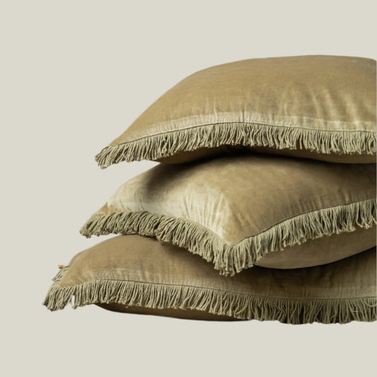 Velvet Square Olive Pillow with Fringe