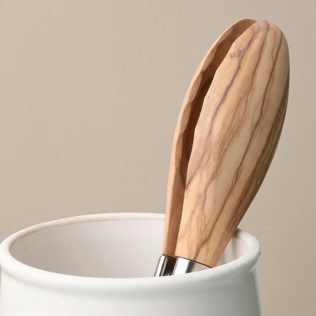 Olive Wood and Stainless Steel Tongs