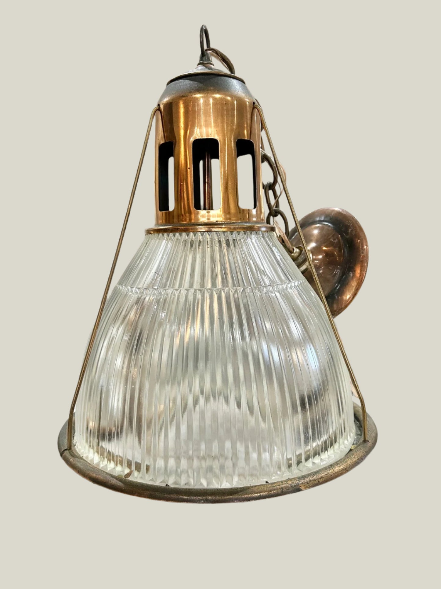 Vintage Copper Plated Holophane Pendant - 18"H