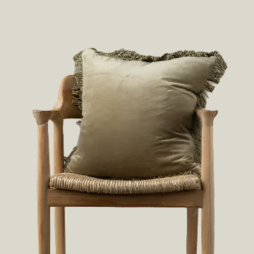 Velvet Square Olive Pillow with Fringe