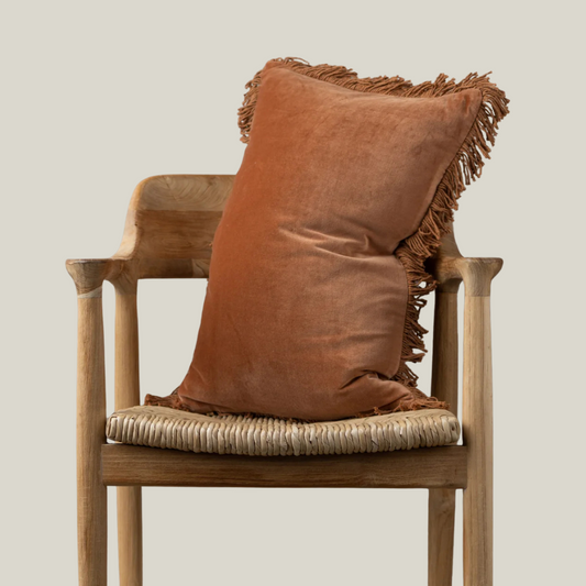 Velvet Terracotta Lumbar Pillow with Fringe