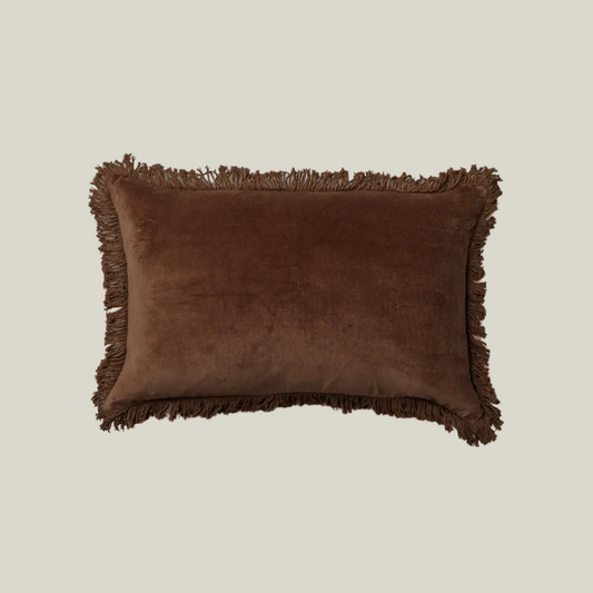 Velvet Chocolate Lumbar Pillow with Fringe