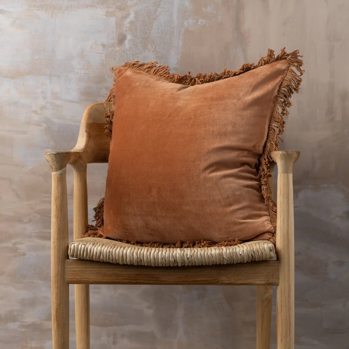 Velvet Square Burnt Orange Pillow with Fringe