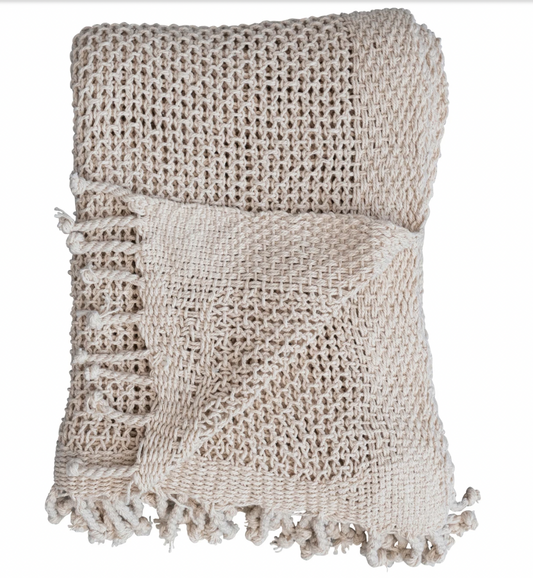 Cotton Knit Throw with Fringe