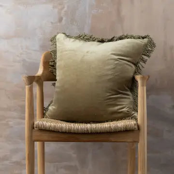 Velvet Square Olive Pillow with Fringe