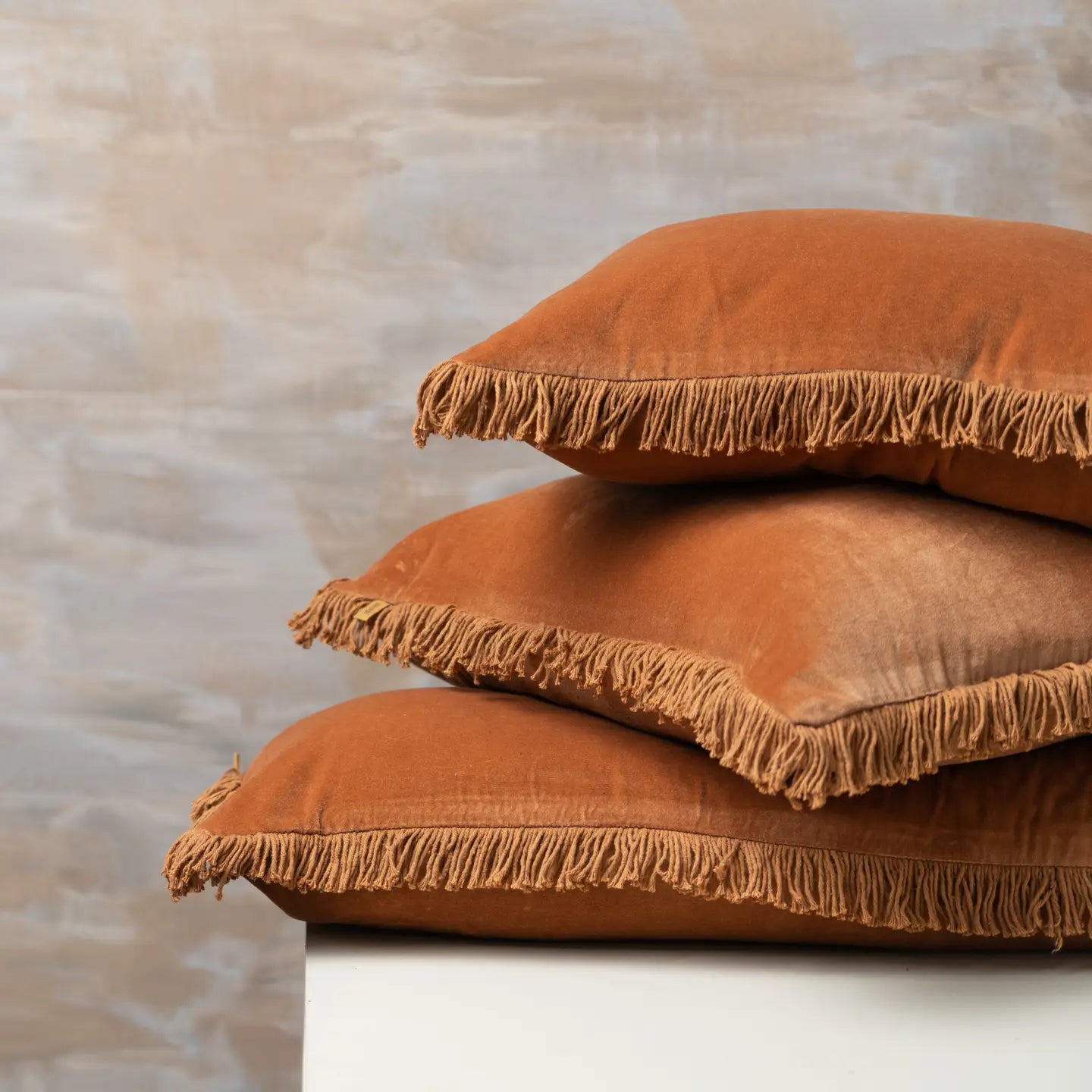 Velvet Square Burnt Orange Pillow with Fringe